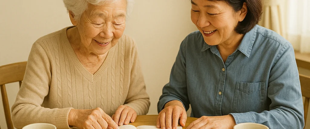 高齢の親と50〜60代の子がテーブルでノートを確認している写真