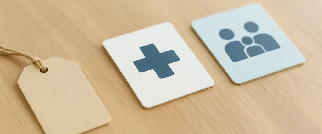 よくある3つの状況を示す小物を並べた穏やかなテーブルの写真