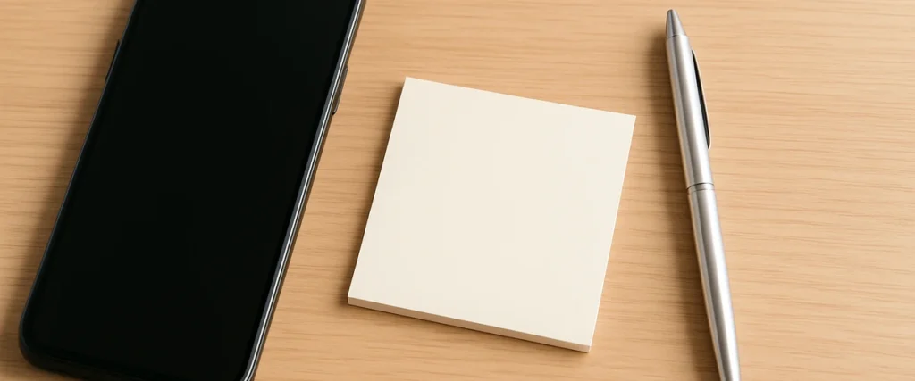 電話連絡の準備を表すスマホとメモとペンの写真