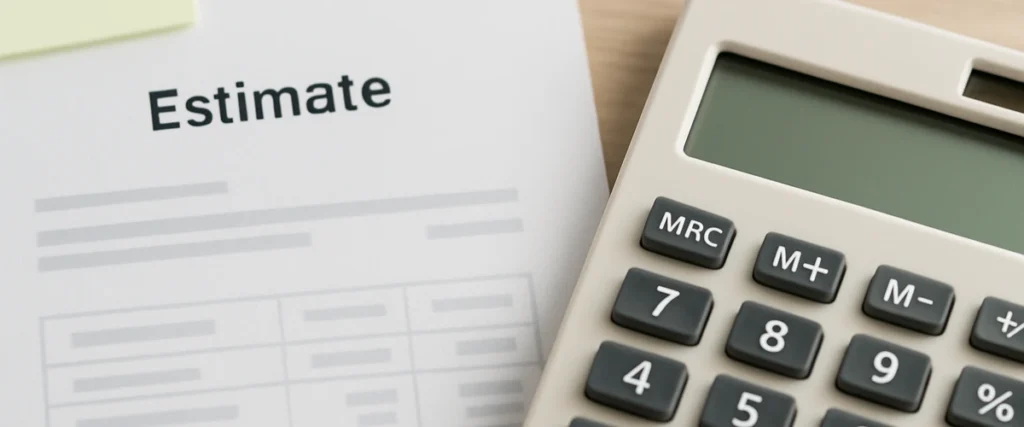 見積りの内訳を確認するイメージ（電卓と書類）の写真