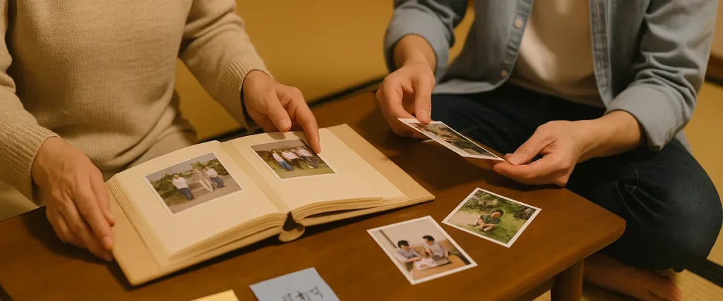 親子で写真アルバムを見ながら思い出の品を選別する様子
