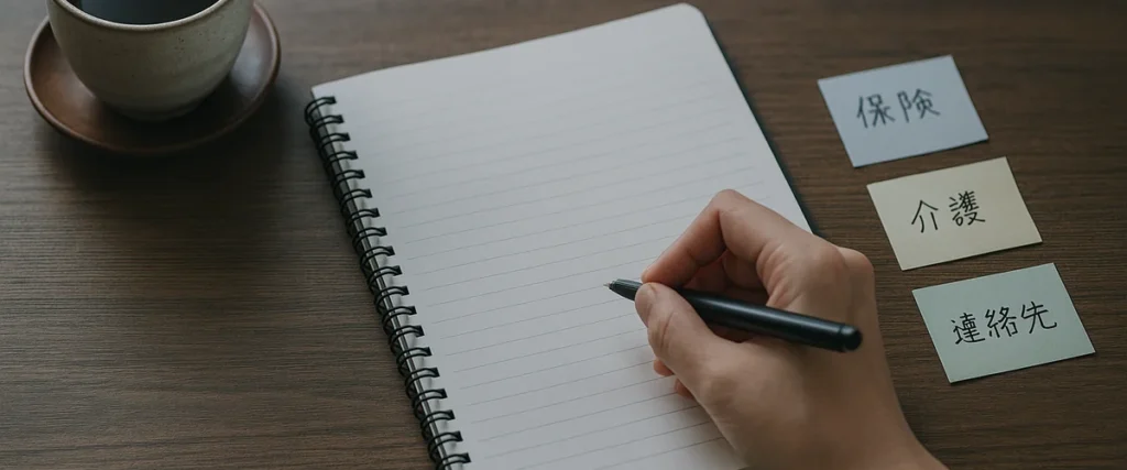 未記入のノートと手つかずの湯のみ。書き始められないもどかしさ