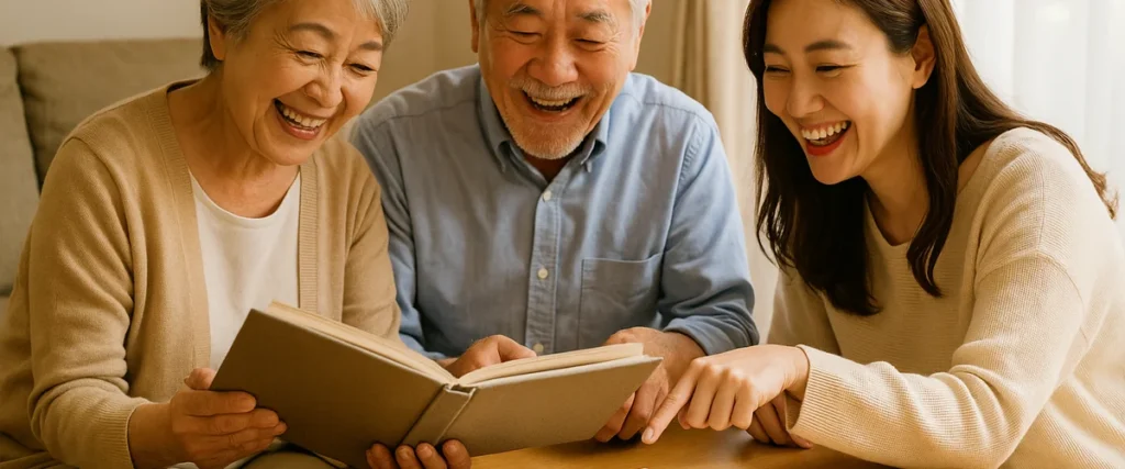 家族でアルバムを囲み、思い出の写真を見ながら笑い合う。つながりに宿る人生の豊かさ