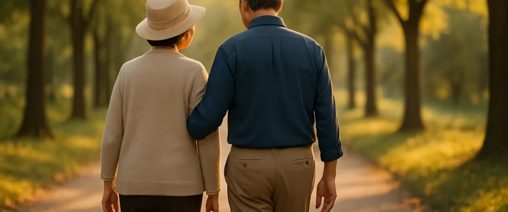 夕方の並木道を並んで歩く親と子の後ろ姿。これからを共に歩む前向きなイメージ