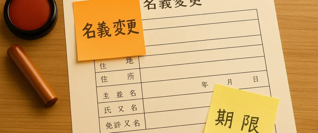 名義変更の書類に「名義変更」「期限」の付せん、朱肉と印鑑